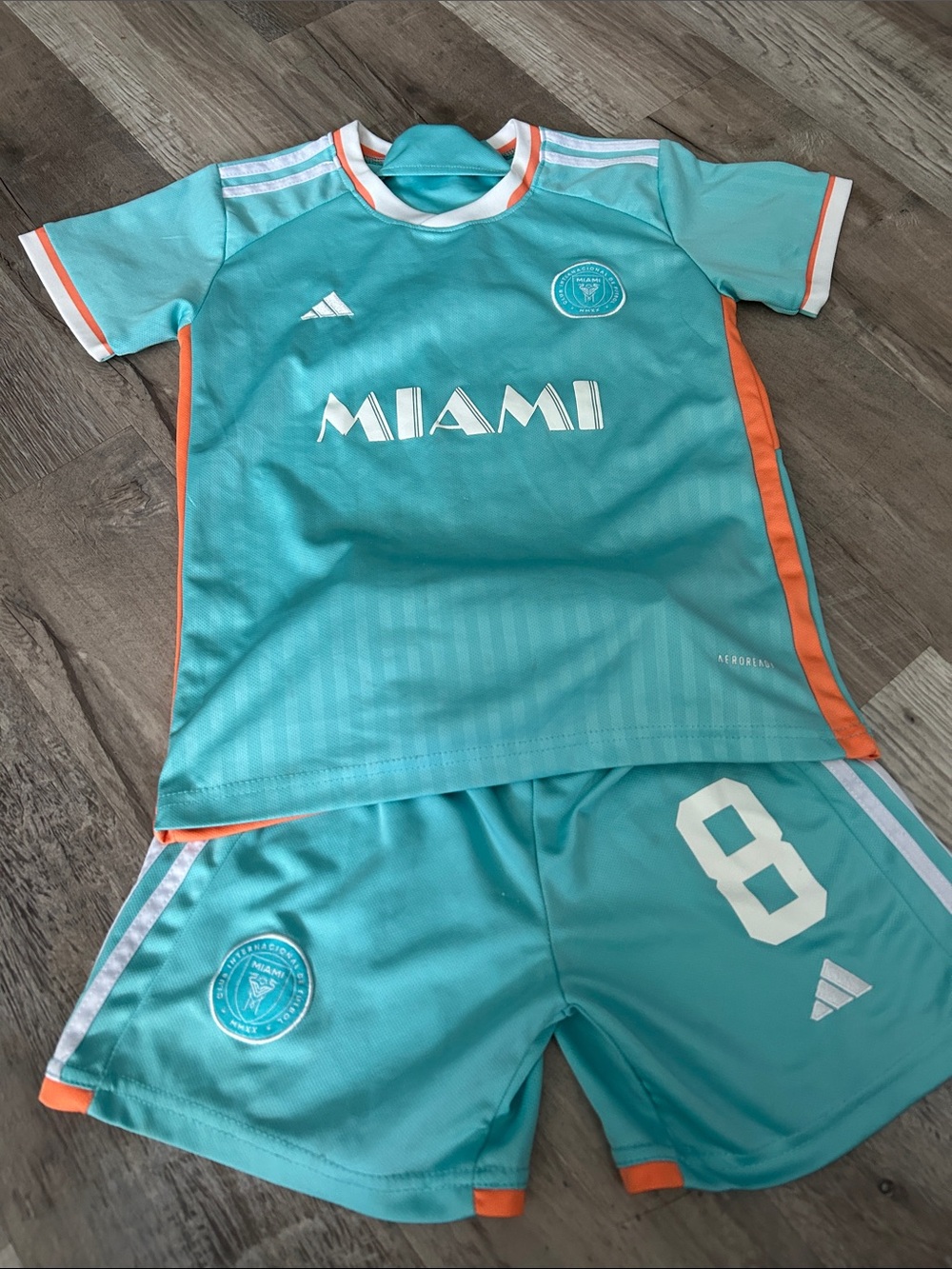 adidas Kids Teal & Orange Miami Soccer Jersey and Shorts Set